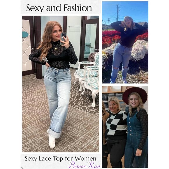 🆕 Women Black Long Sleeve Mesh Top Lace Mock Neck See Through Fitted Sexy Out - Picture 4 of 7